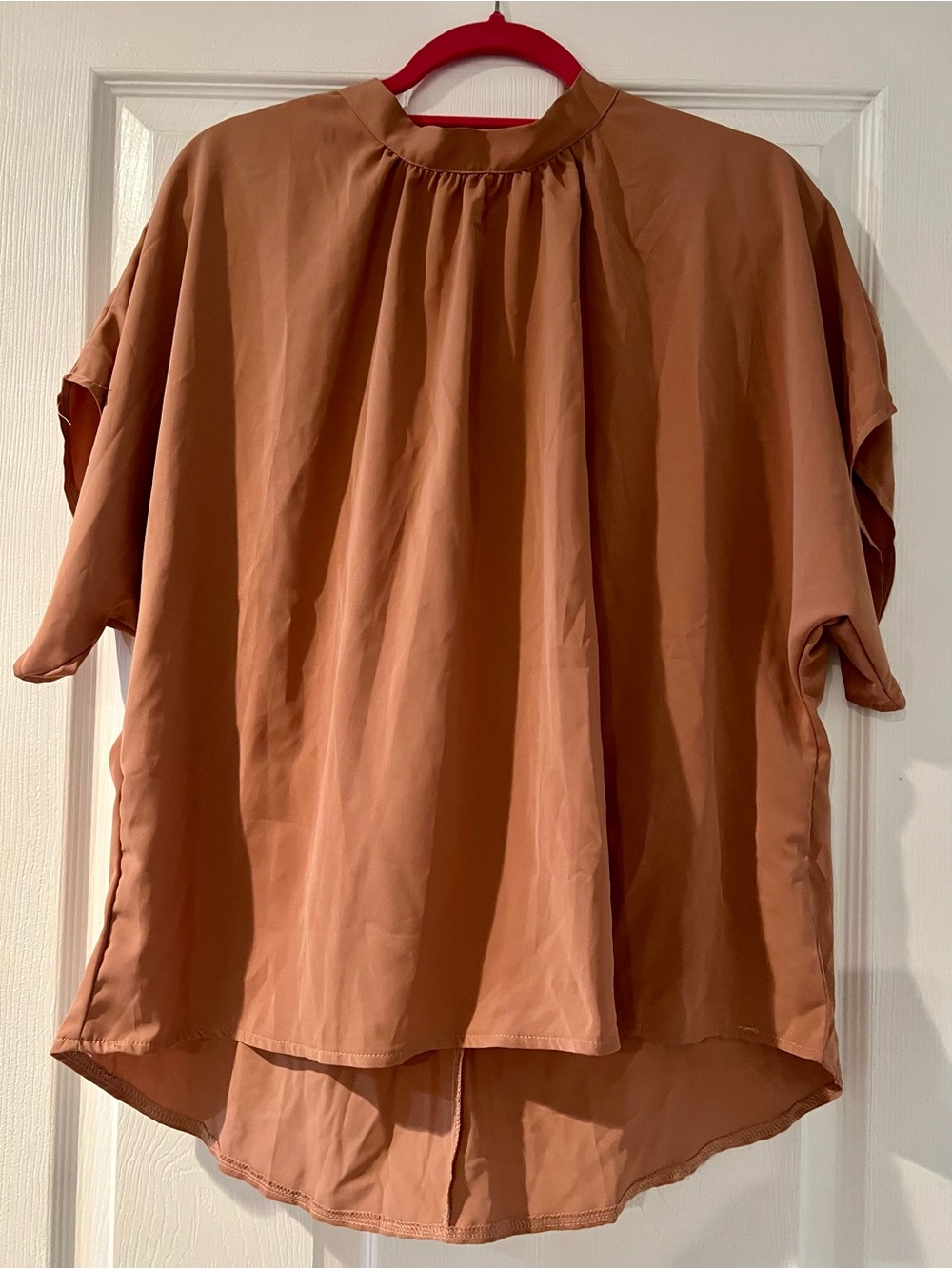 Gathered Neck Short Sleeve Blouse - Rust Brown
